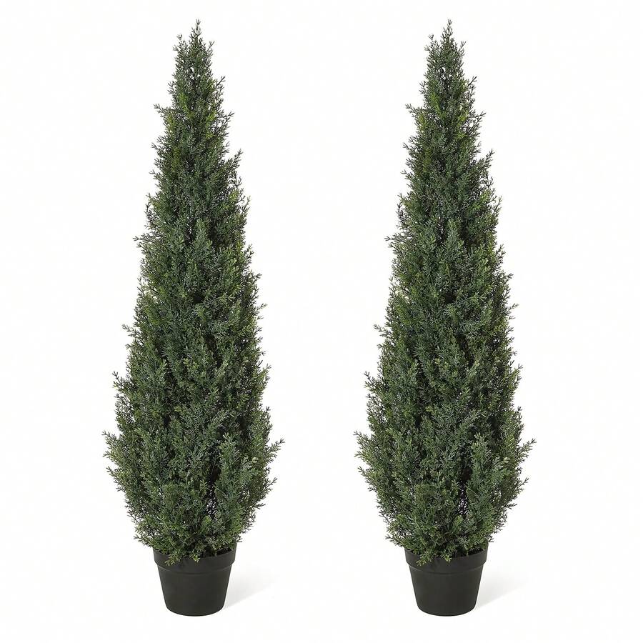 Árboles Topiarios de Cedro Artificiales en Maceta, Set de 2 Cipreses Falsos Plantas Perennes Artificiales, Decoración para Hogar Interior Exterior, Frente de Porche y Jardín - 4 pasteles - Ver 1