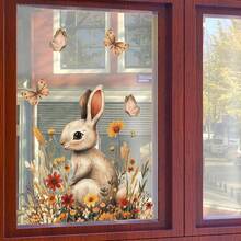 1片可爱兔子、花朵和蝴蝶图案窗贴，可移除双面静电贴，适用于春季复活节卧室、客厅、阳台和橱柜窗户装饰。 - 彩色 - 查看 6