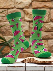 1双男士水果蔬菜图案中筒袜，蘑菇西瓜图案，卡通休闲袜 - 彩色 - 查看 2