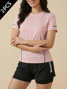 2pcs Women's Activewear Set, Geometric Mesh Panel Round Neck Short Sleeve T-Shirt And 2-In-1 Running Shorts For Gym & Workout Summer Sports - Pink - View 2