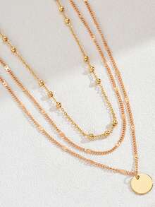 2pcs European & American Fashion Round Geometric Pendant Multilayer Gold Tone Necklace, Suitable For Gifts And Daily Wear - Alloy Multi-layer Necklace - View 7