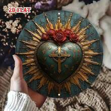 Religious Sacred Heart Round Aluminum Sign - 7.87" Rustic Roses Cross Decor, Home Cafe Wall Art - TYA20767-20x20 cm - 查看 6