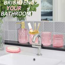 5-Piece Pink Diamond-Cut Glass Bathroom Accessories Set, Includes Soap Dispenser, Soap Dish, Toothbrush Holder, Tumbler & Cotton Swab Jars, Modern Crystal Decor For Bathroom - Housewarming Gift - 粉紅色 - 查看 4