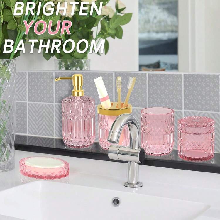 5-Piece Pink Diamond-Cut Glass Bathroom Accessories Set, Includes Soap Dispenser, Soap Dish, Toothbrush Holder, Tumbler & Cotton Swab Jars, Modern Crystal Decor For Bathroom - Housewarming Gift - 粉紅色 - 查看 4
