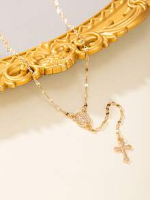 1pc Vintage Style Women's Mary Pendant Cross Necklace With Tassel, Faith Jewelry, Elegant Daily Wear, Birthday & Anniversary Gift - Multicolor - View 5