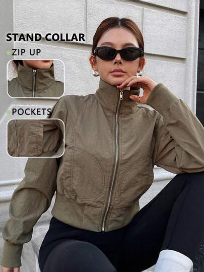 Women's Fitted Zip-Up Stand Collar Short Jacket, Sports Yoga Outerwear With Pockets, Casual Everyday Wear