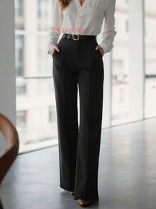 Women's High Waist Elegant Zipper Closure Pants, Suitable For Commuting, Outings And Daily Wear, Spring/Summer - Black - View 1