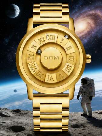 DOM 1 pieza Reloj de hombre de estilo vintage con esfera de tono bronce, cuarzo, resistente al agua, reloj de muñeca de levitación magnética única con correa de cuero y banda de acero, adecuado como regalo de vacaciones