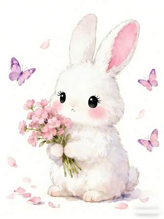 1 pieza Pegatina de pared de conejo lindo en acuarela - Calcomanía autoadhesiva de PVC con flores rosas y mariposas, tema animal moderno, adecuado para habitación de niños, dormitorio de niñas y decoración del hogar, fácil de aplicar en superficies lisas, decoración de conejo