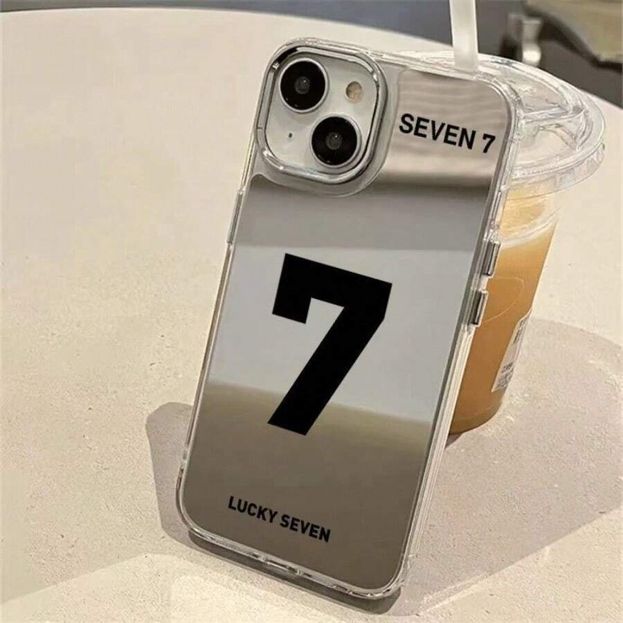 Case Lucky Number 7 Silver Frame Back Mirror Electroplating Suitable for 11, 11PRO, 11PROMAX, 12, 12PRO, 12PROMAX, 13, 14, 13PRO, 13PROMAX, 14PLUS, 14PRO, 14PROMAX,15, 15PLUS, 15PRO, 16E, SE4, 15PROMAX,16, 16PLUS, 16PRO, 16PROMAX,17, 17AIR, 17PRO, 17PROMAX Makeup Mirror Anti Drop Transparent Hard Shell For - Plateado - Ver 1