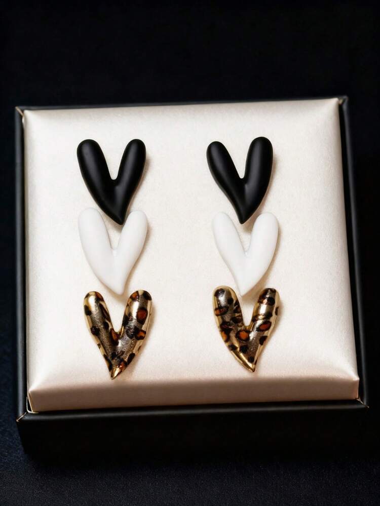3 pares de pendientes con estampado de leopardo y corazón rojo pintado, adecuados para uso diario, excelente regalo de Navidad - Multicolor - Añade 9