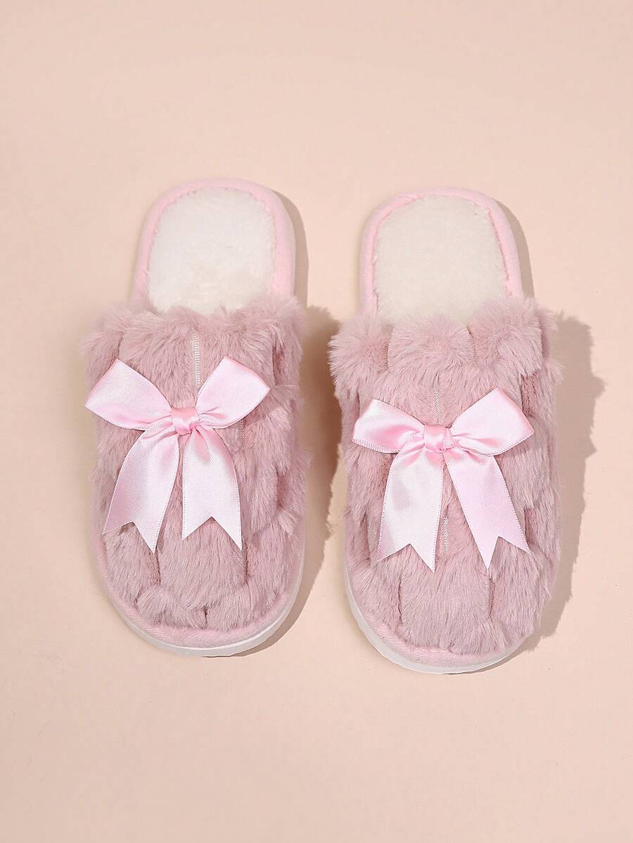 Women's Simple Casual Cute Bowknot Plush Slip-On Slippers, Closed Toe, Lightweight Soft Bottom, Warm Lining, Suitable For Living Room And Bedroom, Spring/Autumn