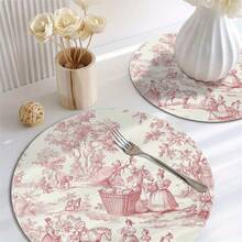 4-Piece  Style Pink Pattern Placemats - Vintage French Rococo Design With Floral And Pastoral Scenes, 15.0x 15.0inch Reusable Linen Table Mats, Suitable For Dining Rooms, Elegant Home Decoration Gifts, Parties - 彩色 - 查看 6