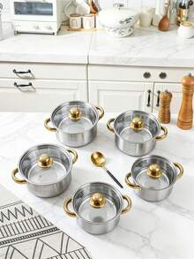 10pcs Stainless Steel Pot Set - 5 Silver Pots With Gold Handles & Glass Lids - Korean Style Stew & Ramen Cookware - Even Heating For Home Kitchen - Silver - View 9