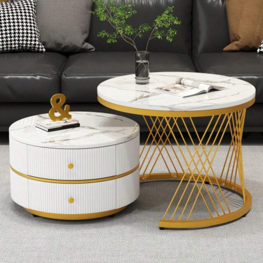 Elegant 2-Piece, White Nest-Shaped Coffee Table Set, 60*60*46cm & 50*50*30.8cm, Round With High-Gloss Marble Look, 2 Drawers, Load Capacity Up To 30kg, Nesting Coffee Table Combination - White - View 1