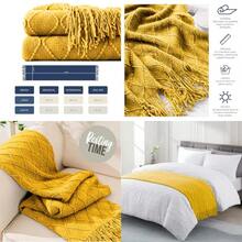 FIAN MACAR Pie de Cama Camino Decorativo para Colcha o cobertor Suave y Ligera con Textura Decorativa y Flecos. - Mostaza+Estándar - Ver 5