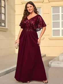 EVERPRETTY 优雅深V领美人鱼晚礼服，酒红色大码蝙蝠袖短款正式礼服，饰有亮片细节，适合新娘母亲、正式晚宴等场合。 - 酒紅色 - 查看 8