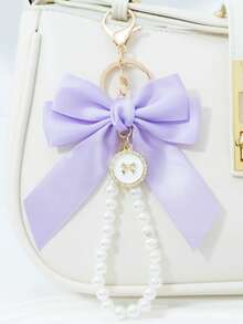Faux Pearl Bracelet Woven Bow Cellphone Lanyard Keychain Versatile Bag Charm Fresh And Sweet Purse Charm Keyring Y2K - Purple - View 6