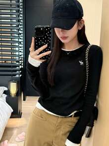 Áo thun dài tay 2 trong 1 thêu hình hươu - màu đen - Xem 4