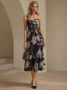 Oulis Elegant Floral Print Waist Line Spaghetti Strap Midi Dress, Vacation Style, Old Money Style, Court Style, Valentine's Day Outfit, Prom Party, Back To School, Elegant Ladies - Multicolor - View 2
