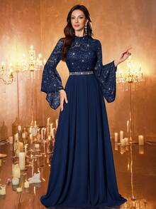 MIUSOL Đầm maxi dự tiệc trang trọng, thanh lịch, cổ cao, tay loe, viền bèo nhún, chất liệu chiffon, đính sequin và ren hoa, màu sắc mùa xuân. - Màu xanh hải quân - Xem 4