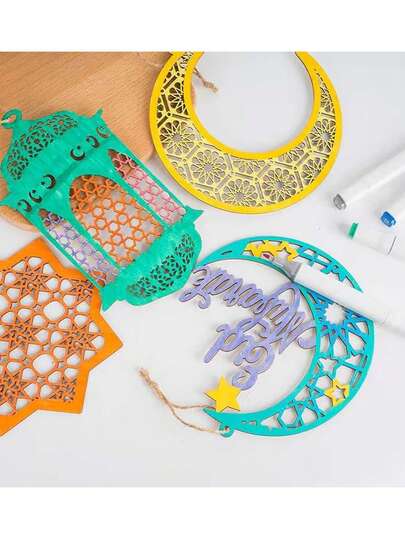 5pcs/1pc Eid Mubarak Wooden Hanging Decorations, Crescent Moon Lanterns, Moon Festival DIY Decor, Colorable Holiday Decorations, Home Crafts, Festival Atmosphere Decor