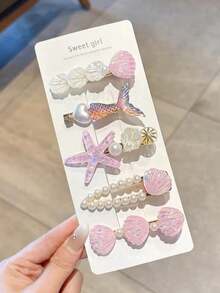 5pcs/Set Mermaid Style Ocean Theme Teen Hair Accessories, Shell, Starfish, Mermaid Tail Design Hair Clips, Cute Ocean Elements Photo Props Hair Clips (Random Cardboard) - Multicolor - View 4