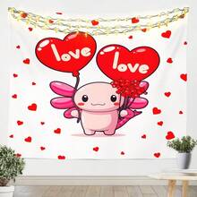 Pattern Depicts A Cute Axolotl Holding Love Heart Balloons And A Bouquet Of Red Hearts Under String Lights With Scattered Hearts Creating A Flannel Soft Atmosphere Is Perfect For Valentine's Day Or Any Loving Occasion 280 GSM Tapestry - trắng - Xem 1