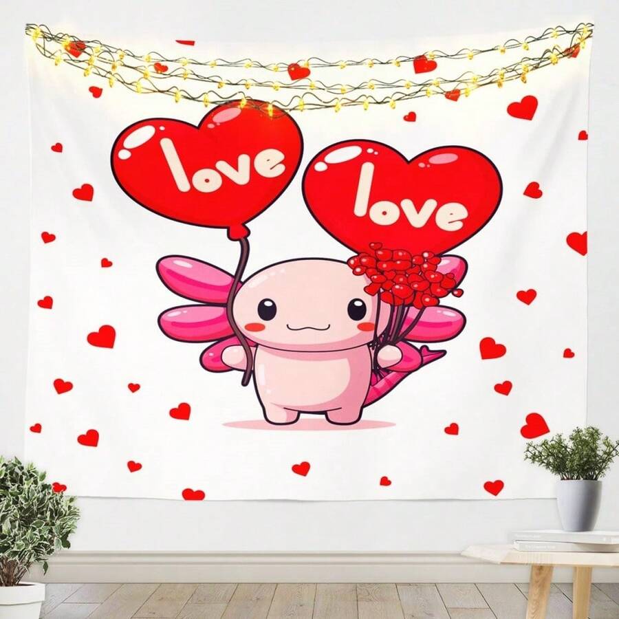 Pattern Depicts A Cute Axolotl Holding Love Heart Balloons And A Bouquet Of Red Hearts Under String Lights With Scattered Hearts Creating A Flannel Soft Atmosphere Is Perfect For Valentine's Day Or Any Loving Occasion 280 GSM Tapestry - trắng - Xem 1
