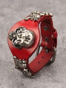 1pc Punk Skull Leather Bracelet, Adjustable Buckle Unisex Wristband For Daily Wear, Party Outfit, Couples, Gifts For Siblings