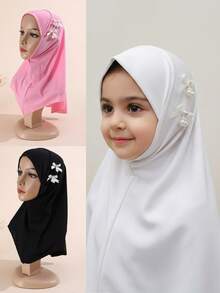 1pc Children/Girls Butterfly Pearl Hijab, Middle Eastern Muslim Arabic Style, Cute & Elegant, Breathable & Adjustable, Suitable For All Seasons, Gift - A - View 2