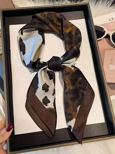 1 pieza Pañuelo de marca de lujo con estampado de leopardo, pañuelo de seda sintética para mujer, pañuelo decorativo pequeño y versátil de uso casual