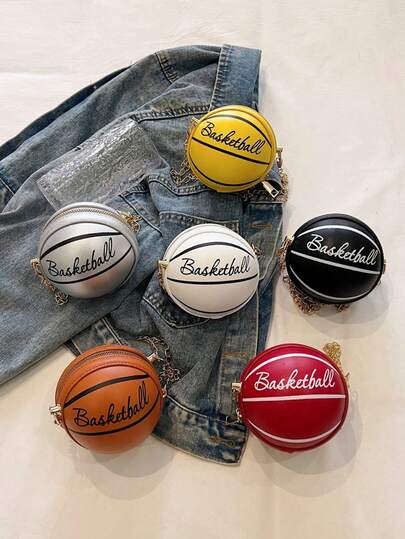 1pc Mini Kids Shoulder Bag, Unisex, Cool Basketball Letter Design, Cute Versatile Travel Chain Crossbody Bag, Basketball Kids Chain Fashion Cool Mini Shoulder Sling Coin Purse, PU Material Basketball Shaped Crossbody Bag, Fashionable Chain Strap, Suitable For Boys And Girls For Party, Shopping, Daily Use