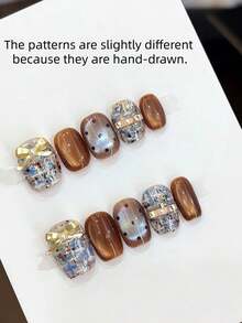 10片棕色和蓝色格子、蝴蝶结、波点、玻璃珠猫眼图案的按压式短假指甲，可爱温柔，方形和圆形可卸式假指甲，适合女性和女孩作为礼物，带收纳盒，秋冬季