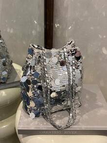 1pc Glitter Lightweight Large Capacity Women's Crossbody Bag, Fashionable Versatile Party Bucket Bag Suitable For Party, Travel, Evening Events - Silver - View 4