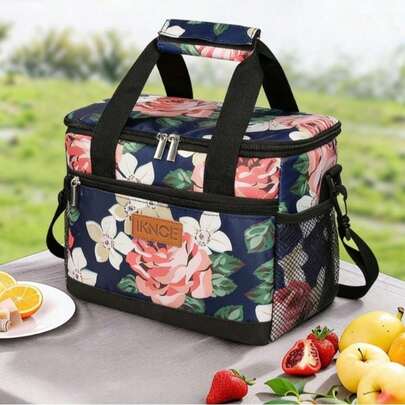 男女通用保温午餐包，适用于工作、办公室、野餐的保温保冷午餐盒 - 大容量午餐保冷包，防漏午餐容器，可调节肩带，花卉图案