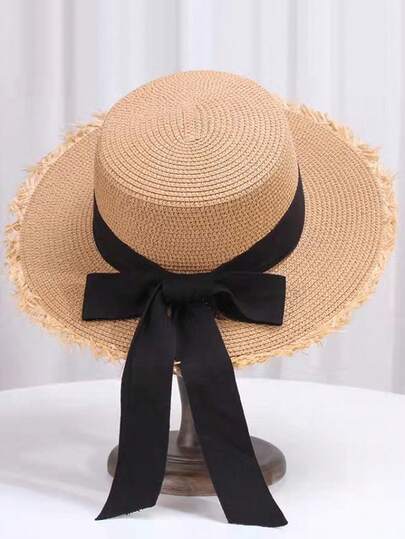 蝴蝶结宽檐草帽，新款女士沙滩遮阳帽，时尚休闲防晒帽，涤纶材质，蝴蝶结装饰，防风防紫外线，春夏款