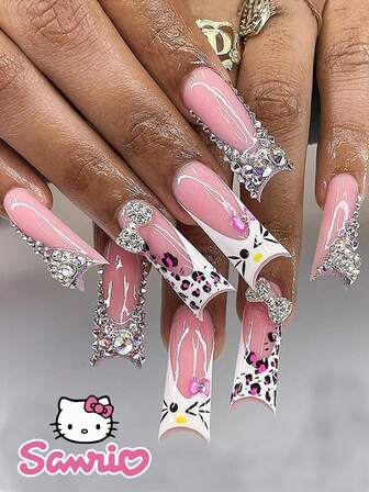 Sanrio 24 PIEZAS Uñas postizas largas en forma de ataúd con diseños lindos de Hello Kitty, leopardo, moño francés y diamantes para decoración de uñas. Incluye 1 pieza de gel de gelatina y una lima. Adecuado para uso diario, citas y fiestas de mujeres.