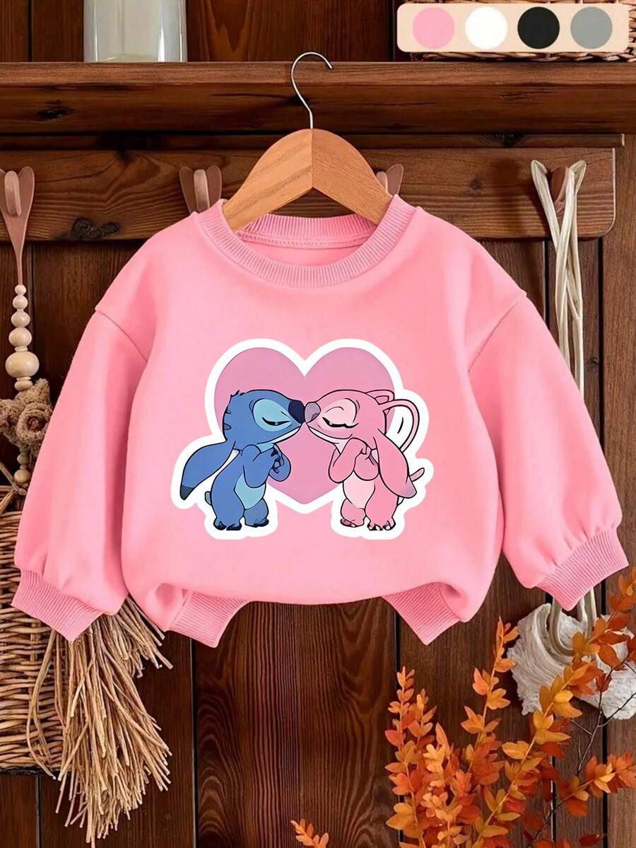 Disney Girls' Hoodie, Stitch And His Angel Heart-Shaped Cartoon Design, Fall/Winter Kids' Crewneck Hoodie, The Perfect Long-Sleeve Top For Girls' Everyday Play, Ideal For School Or Shopping Outings. - Pink - View 1