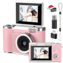 1080P高清便携式数码相机，高清摄影摄像相机，自动对焦，高像素，防抖，180°翻转屏带彩色滤镜，8倍数码变焦，适合成人初学者作为生日、新年和圣诞节礼物（800mAh可充电电池）