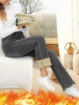 Mid Waist Winter Warm Stretch Flared Jeans For Classic Washed Slim Bootcut Denim Pants With Cat Whisker Details Casual Office Wear Daily