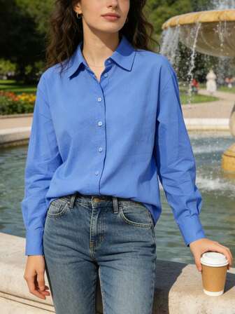 Women's Fashionable Shirt [Minimalist Elegant] Sky Blue Lapel Long Sleeve Shirt, Elegant Loose Fit Flattering, Versatile For Work, Casual, Commute, Solid Color Blouse