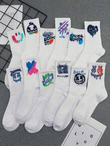 1/5/10 Pairs Random Graffiti Letter Fabric Cartoon Skateboard Street Style Basketball Socks, Crew Length High Waist Sports Socks, Unisex, All Season - White - View 11