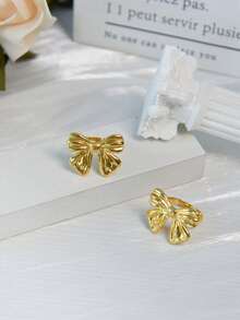 1PC Stylish And Personalized Sweet Bow Series Stainless Steel Gold Open Ring, Suitable For Girls' Everyday Wear, Parties, And Holiday Gifts - Gold - View 3