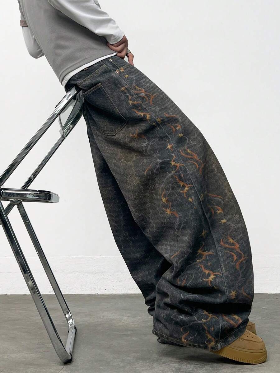 1 Quần jean ống rộng dáng rộng in kỹ thuật số hiệu Justice Brother của Mỹ, quần thường ngày dành cho nam (Không bao gồm thắt lưng và phụ kiện) - màu đen - Xem 1