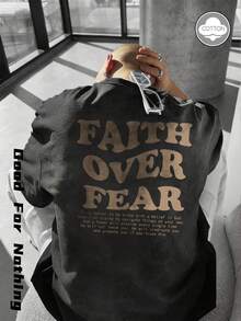 Oversized Distressed Black Short Sleeve Tee With "Faith Over Fear" Graphic Print, Relaxed Casual Vintage Style For Daily Wear - Black - View 4