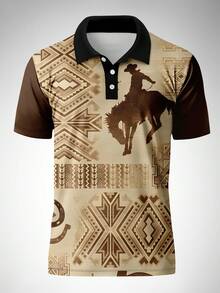 Tricou polo cu mânecă scurtă pentru bărbați, cu imprimeu retro de postere - Multicolor - Vizualizare 2