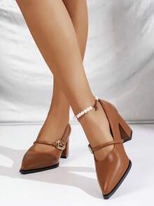 Women's Solid Color Ankle Strap Chunky Heel Pointed Toe Brown High Heels, Versatile & Comfortable Dress Shoes - Brown - View 3