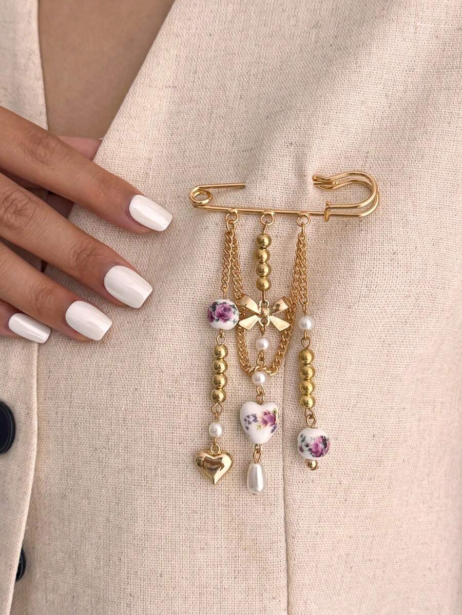 1pc Vintage Ceramic Bow & Heart Shaped Brooch Pin, Suitable For Daily Wear On Clothes, Hats, Pants, Etc. - Multicolor - View 1