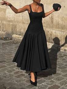 黑色优雅收腰简约褶裥喇叭吊带连衣裙，休闲度假装 - 黑色 - 查看 3